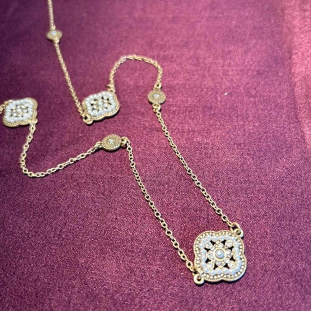 Long Gold Necklace Faux Pearl and Crystal